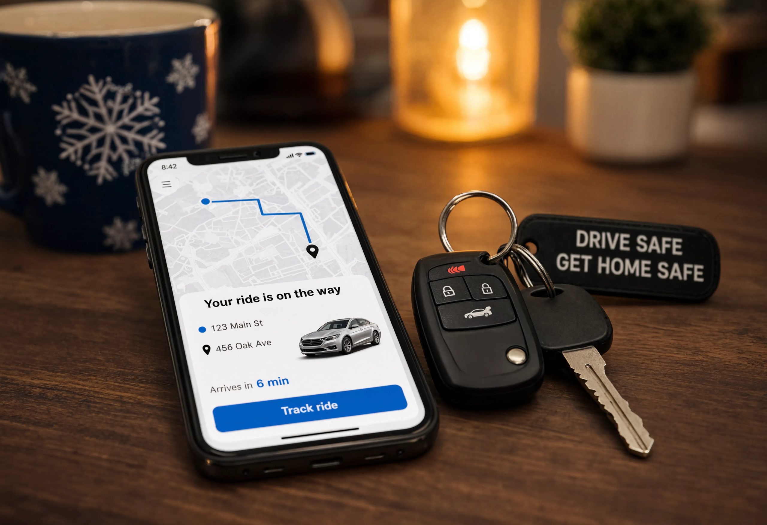 Car keys beside a phone showing a rideshare app tracking screen, with a Drive Safe Get Home Safe keychain