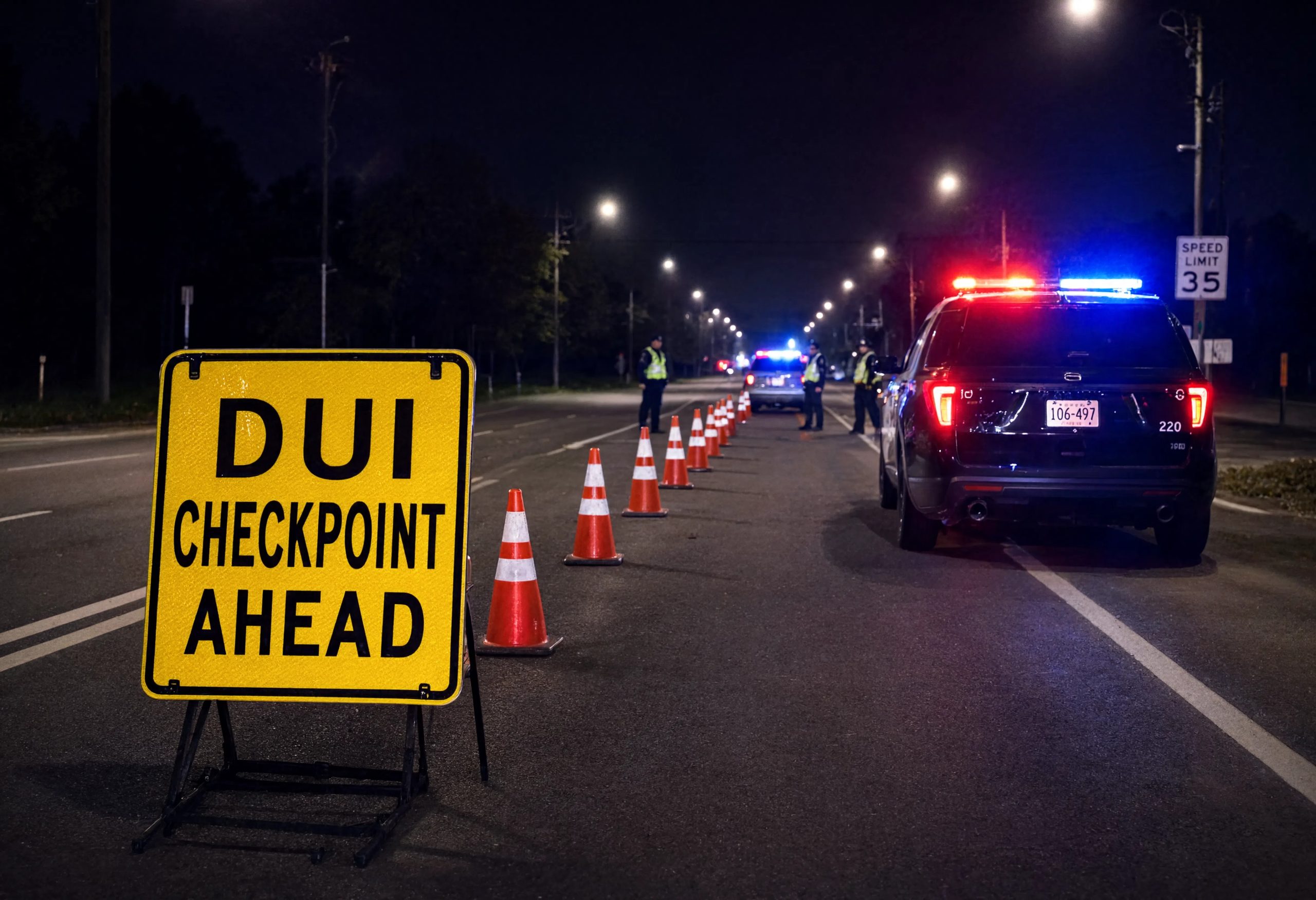 DUI Checkpoint Ahead road sign with traffic cones leading to police vehicles at a nighttime roadblock