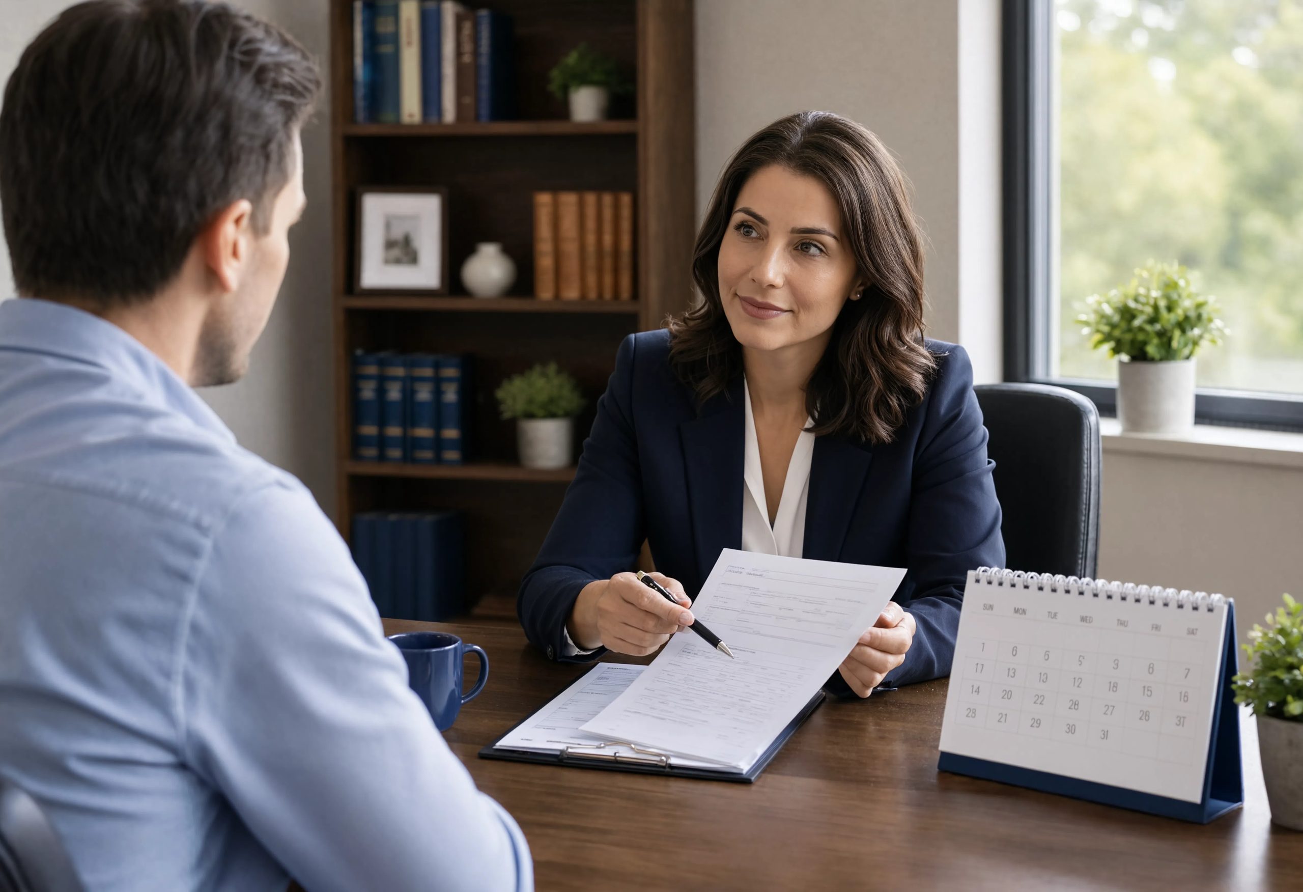 Attorney pointing a pen at a claim form while explaining it to a client across a desk