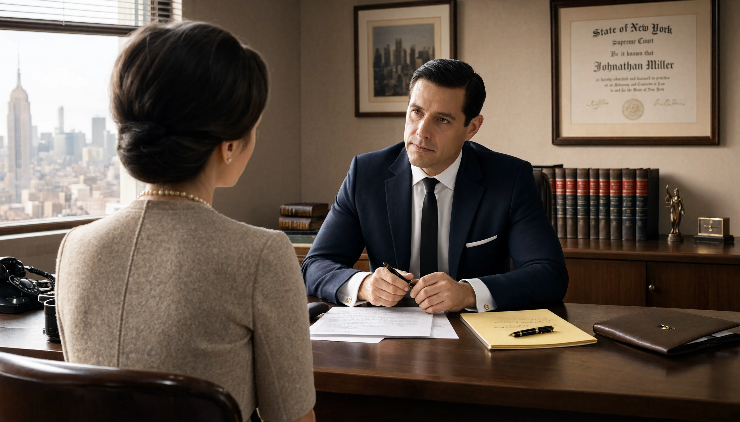 1960s-style attorney in a navy suit reviewing documents with a client in a New York office overlooking the skyline