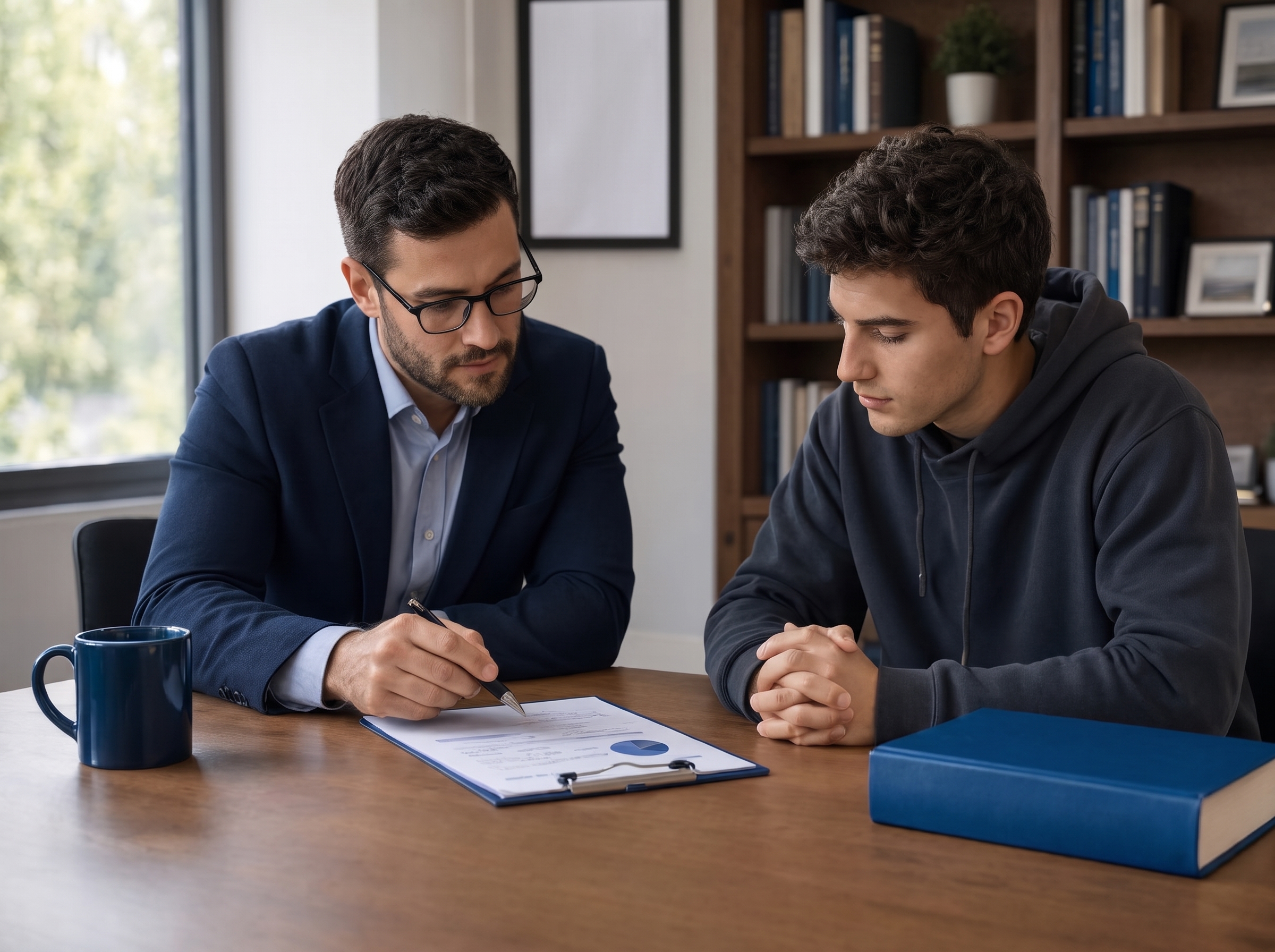 Peak Financial advisor reviewing a document with a young client at a desk in an office