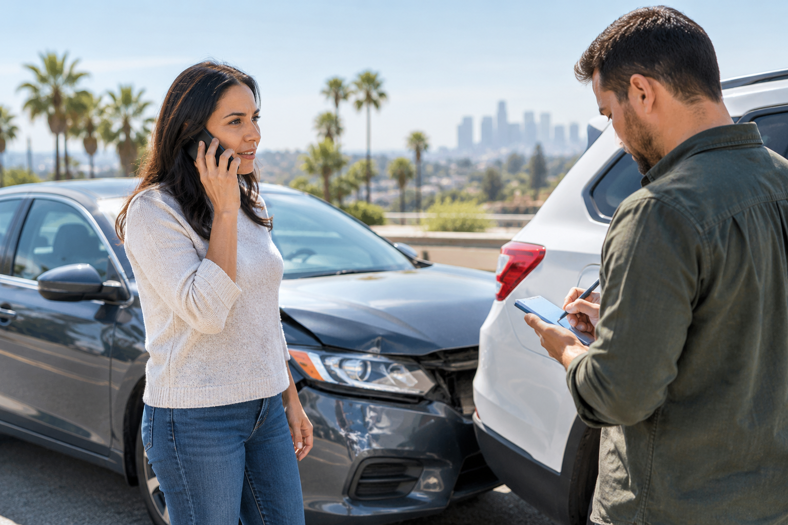 Woman on the phone beside a dented car while a man writes notes after a collision, city skyline behind
