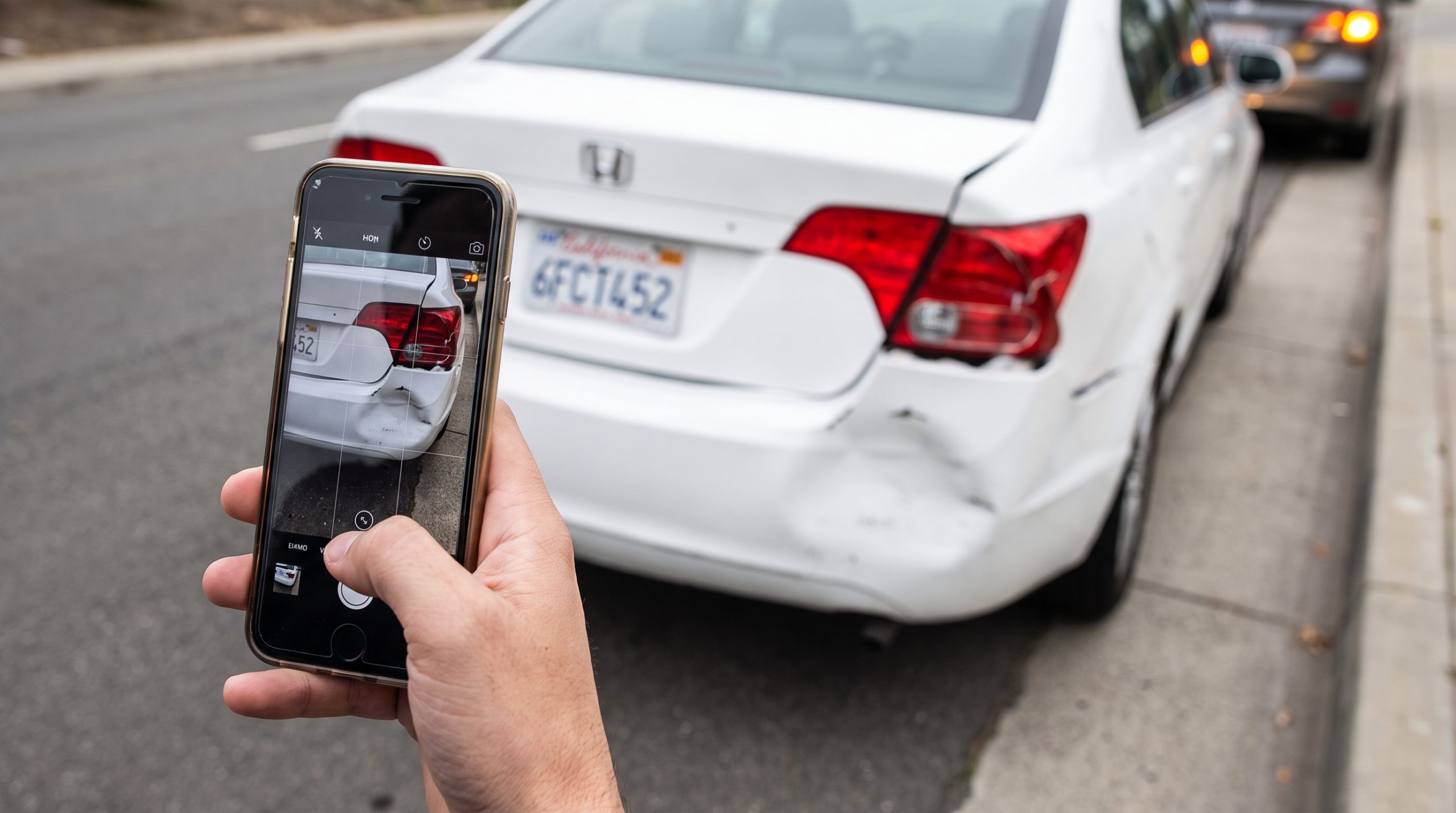 Hand using a phone to photograph a white car's dented rear bumper and taillight on the street