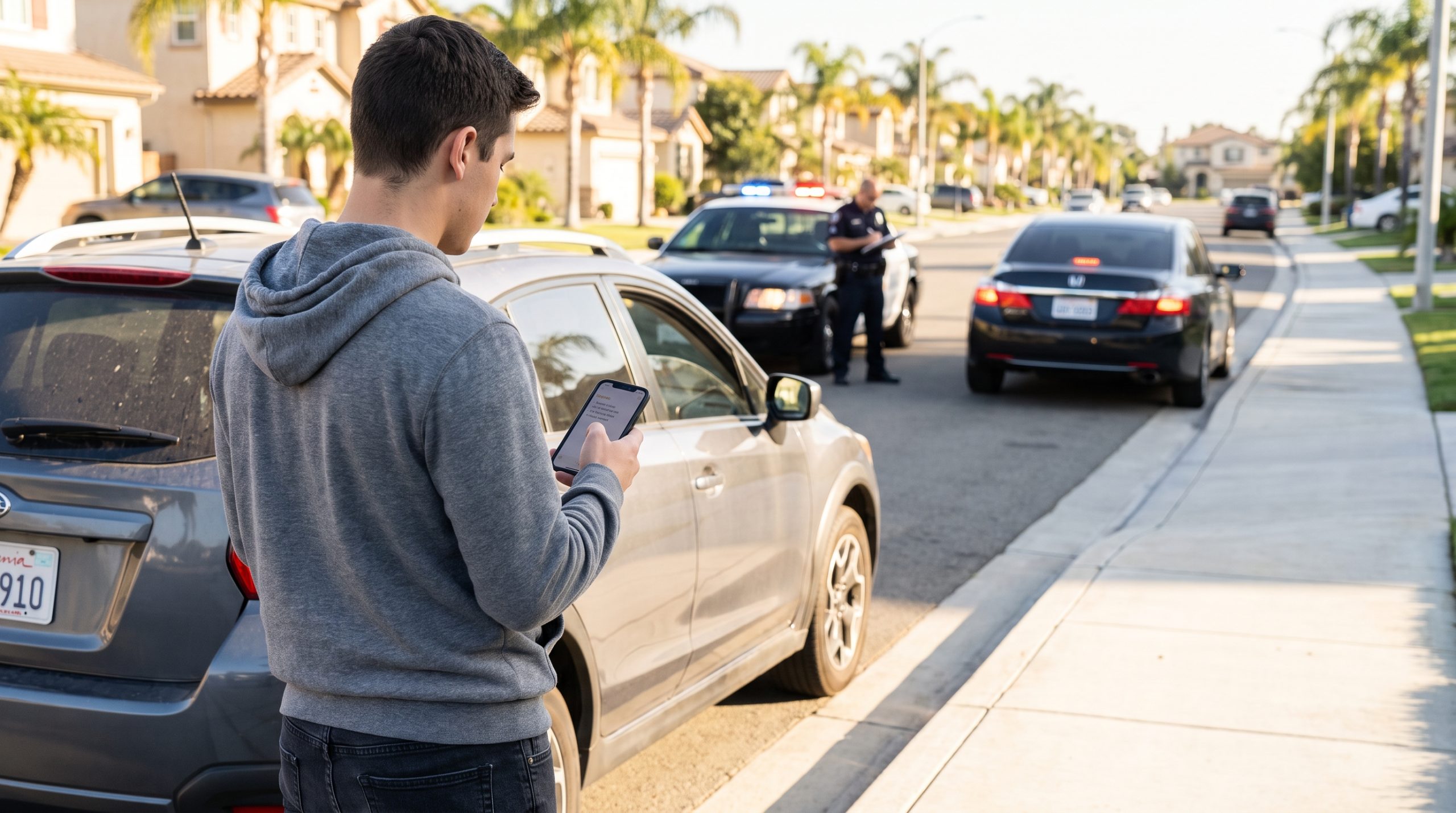 Man holding a phone near parked cars while an officer writes on a clipboard at a traffic stop