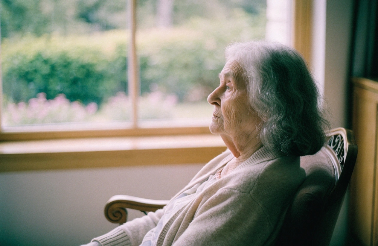 Elderly woman in a cardigan seated in a chair, gazing out a window at a garden