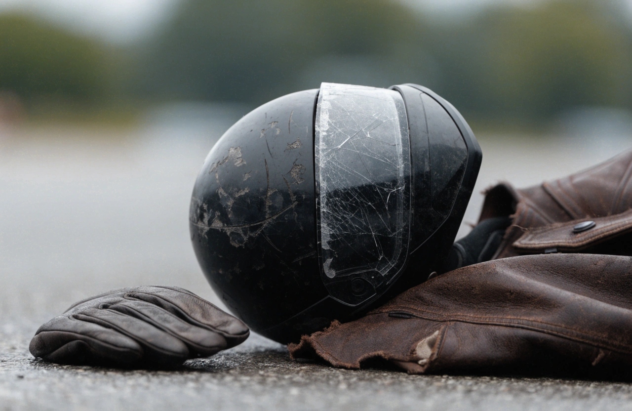 Scuffed black motorcycle helmet with a cracked visor beside a worn leather glove and jacket on the pavement