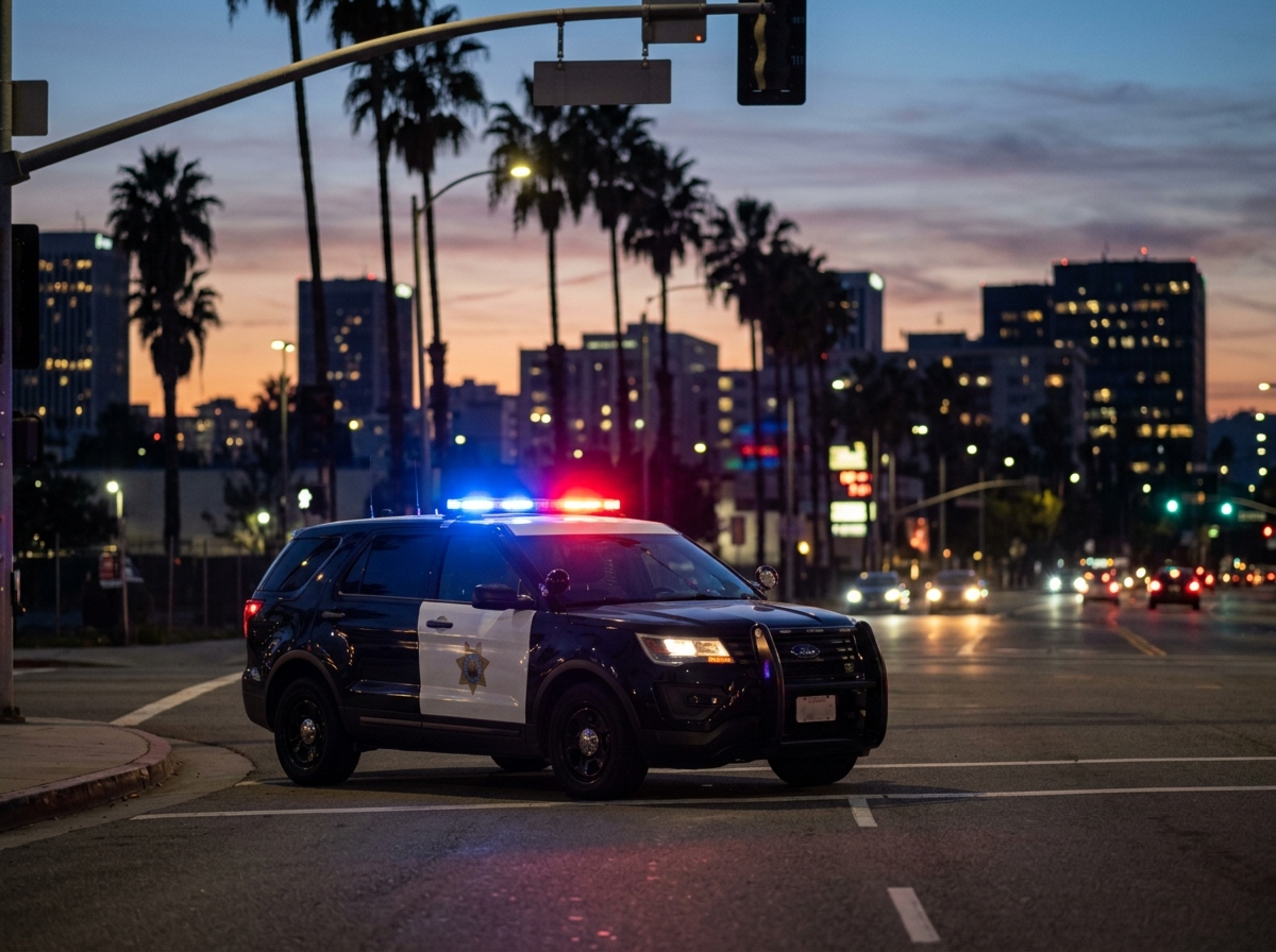 A black and white police SUV with flashing red and blue lights sits in the middle of an intersection at dusk. In the background, a city skyline is visible under a colorful twilight sky, framed by tall palm trees, streetlights, and blurred oncoming traffic.