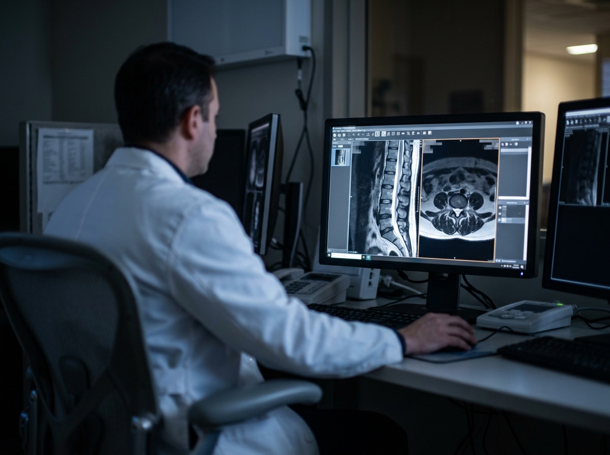 A medical professional in a white lab coat sits at a desk in a dimly lit room, using a computer mouse to examine detailed spinal MRI scans displayed on a large monitor. Multiple screens and medical equipment are visible on the desk.