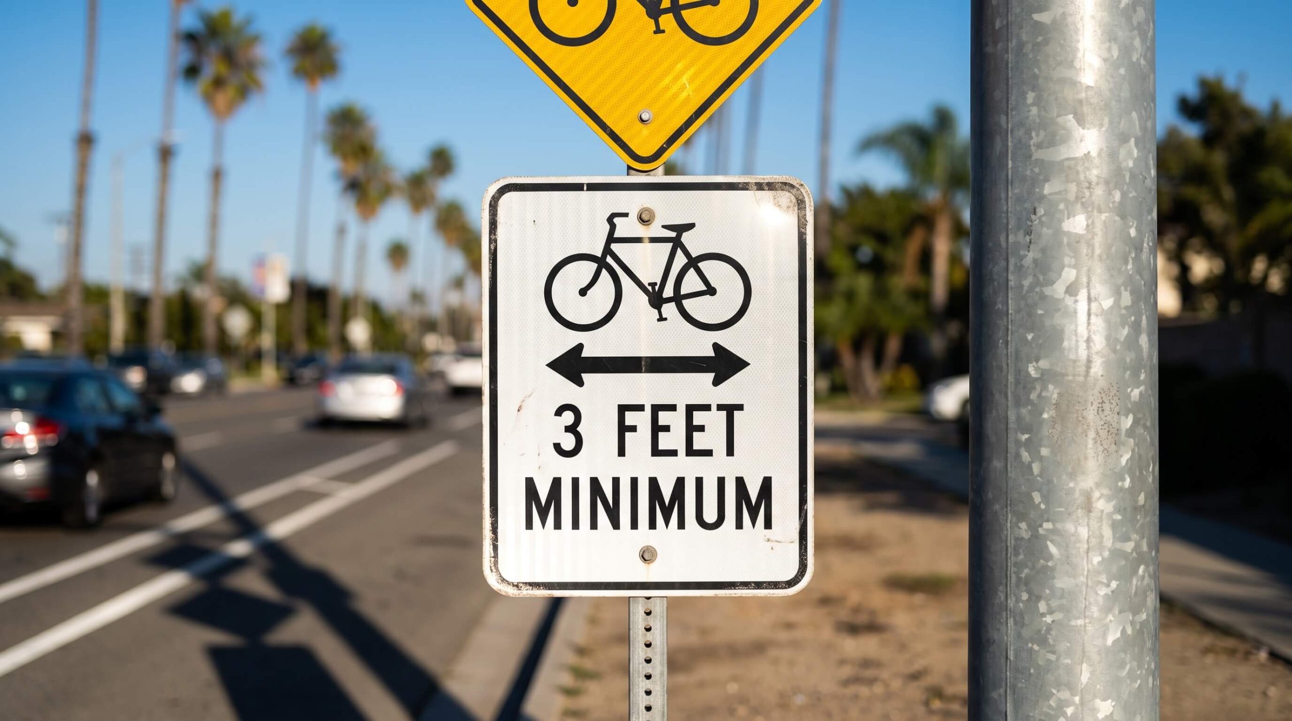3 Feet Minimum bicycle sign with a double arrow, mounted below a yellow bike warning sign beside a street