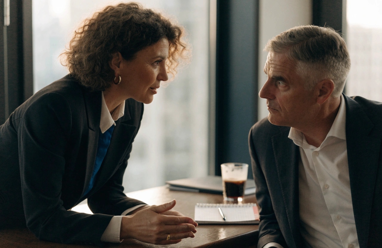 Woman leaning across a table in serious conversation with a gray-haired man in a suit