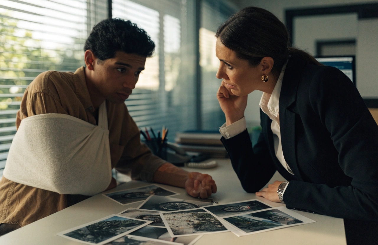 Man with his arm in a sling and a woman in a blazer looking over printed photos on a desk