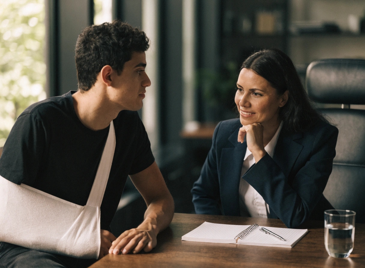 A young man with his arm in a white sling sits at a wooden table having a conversation with a professional woman in a navy blazer. She is smiling and listening attentively. A notebook, a pen, and a glass of water are on the table in a bright office setting.