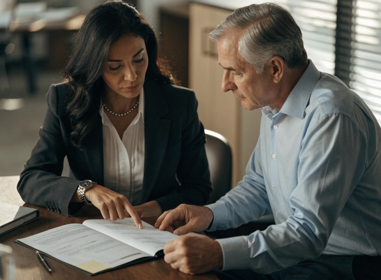 A professional woman in a dark blazer points at a section of an open document or binder while discussing it with an older man in a light blue shirt. They are sitting at a wooden desk in an office with soft, natural lighting.