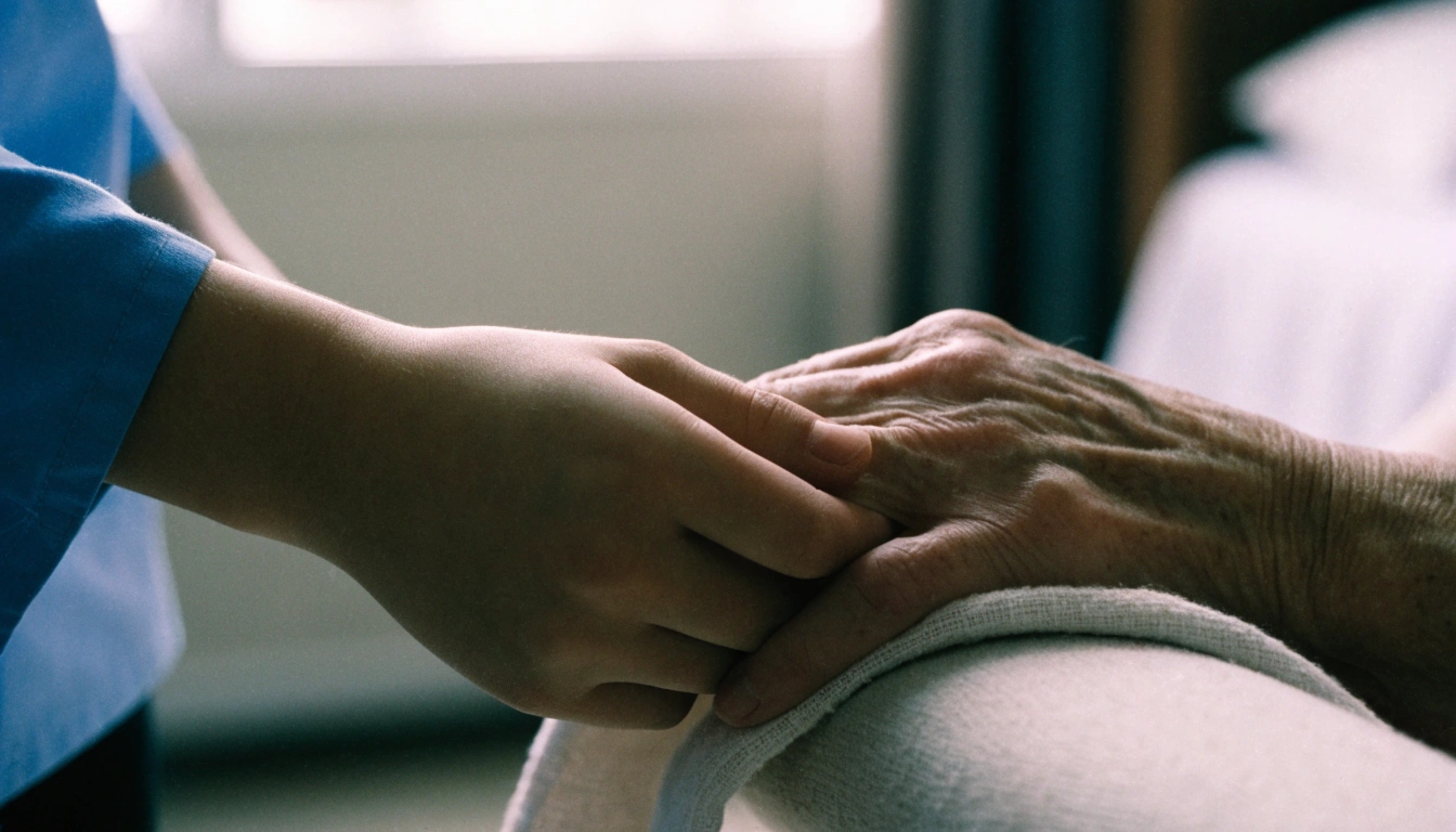 Caregiver in blue scrubs gently holding the hand of an elderly person resting on a blanket
