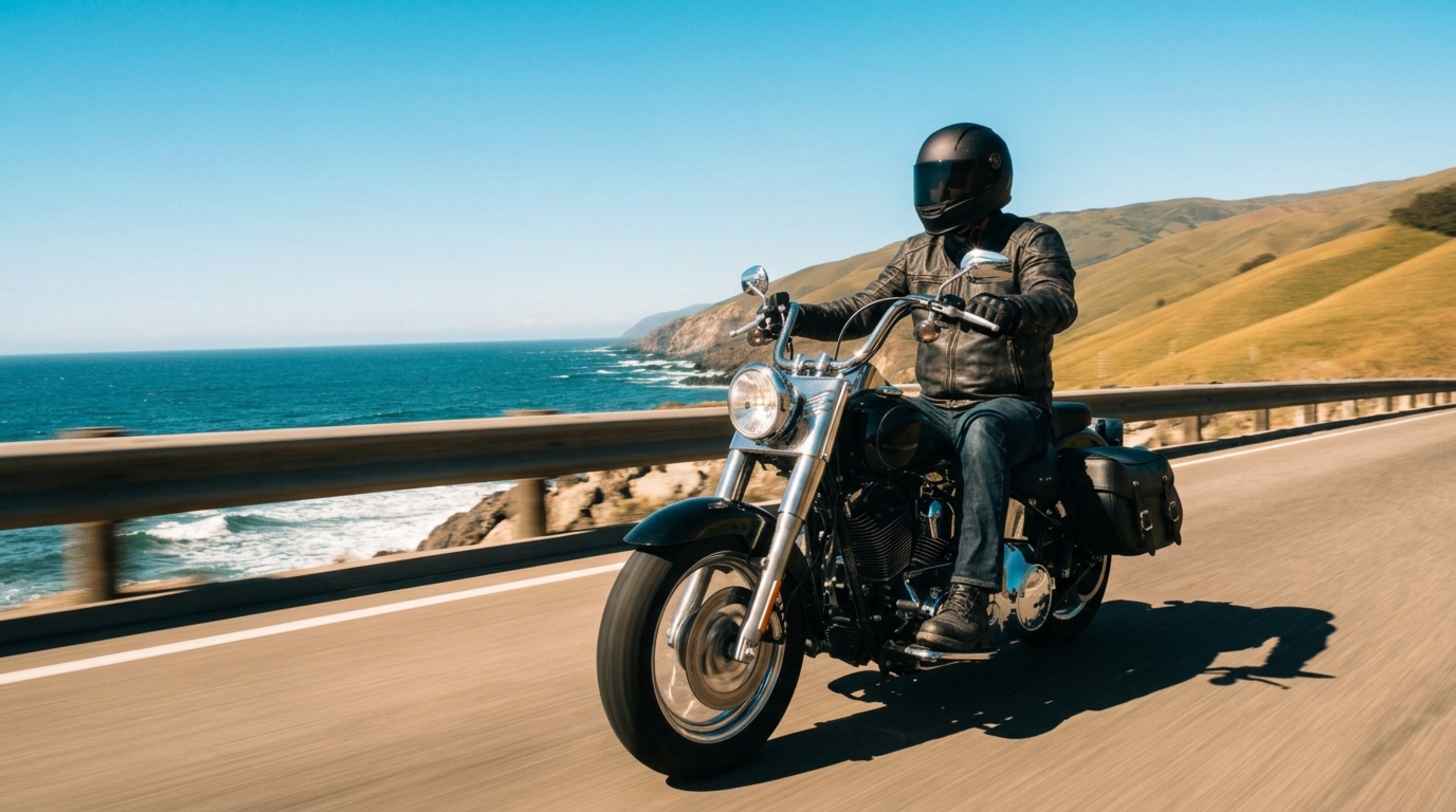 Motorcyclist in a black helmet and leather jacket riding along a coastal highway beside the ocean