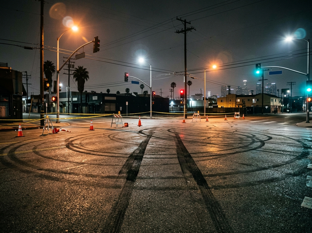 A nighttime view of an empty city intersection taped off with yellow police tape and orange traffic cones. Prominent circular skid marks cover the dark asphalt. Streetlights cast a warm glow on the scene, with a distant city skyline and utility poles in the background.