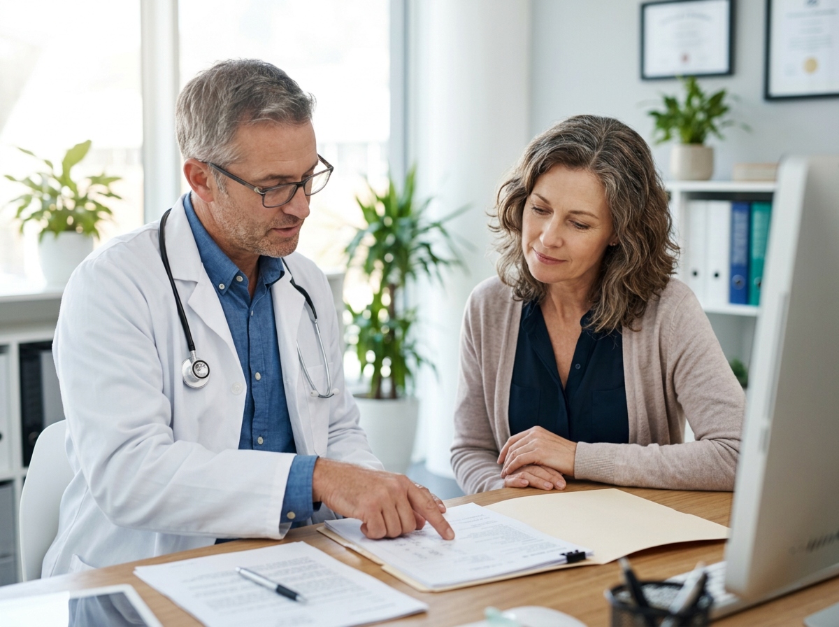 A male doctor wearing glasses, a white coat, and a stethoscope points at a document on a clipboard while consulting with a female patient in a beige cardigan. They are in a bright, modern medical office with plants and framed certificates in the background.