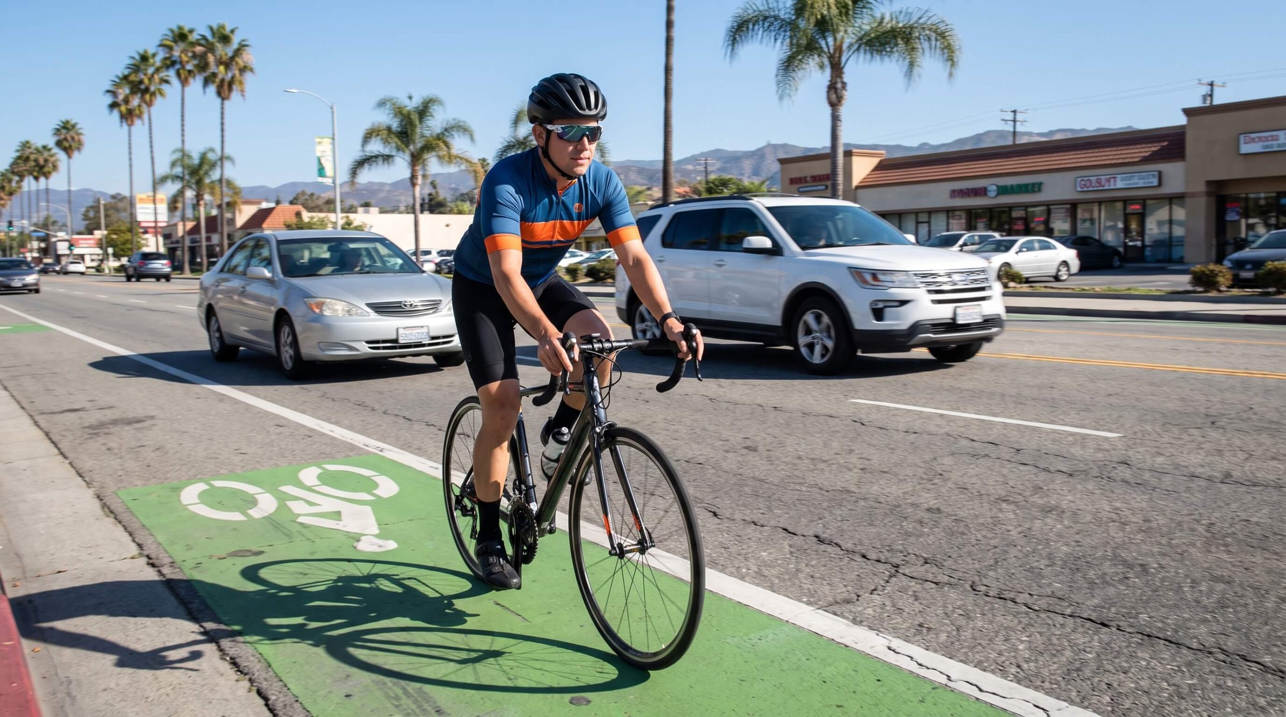 Cyclist in a helmet and blue jersey riding in a green bike lane beside passing cars on a palm-lined street